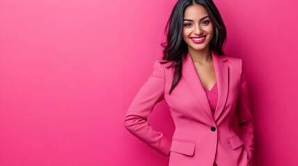 Wall Mural - Happy businesswoman in a pink suit posing with hands on hips in a studio portrait against a bright pink background