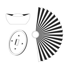 Aufkleber - Chinese New Year symbols of prosperity black and white 2D line objects set. Sycee yuanbao, feng shui coin, asian fan isolated clip arts vector outline items collection. Monochrome spot illustrations