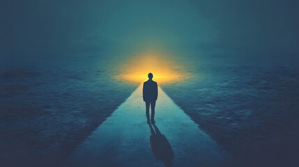 Poster - A solitary figure stands in a misty landscape illuminated by a warm glow, creating a sense of mystery and introspection in a tranquil environment at dusk.