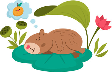 Canvas Print - Vector capybara icon. Cute capibara sleeping on water lily leaf with closed eyes, dreaming of tangerine. Funny happy animal illustration isolated on white background. Comic trendy guinea pig clipart