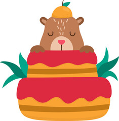 Canvas Print - Vector capybara icon. Cute capibara sitting in tangerine cake with closed eyes. Funny happy animal illustration isolated on white background. Comic trendy guinea pig clipart