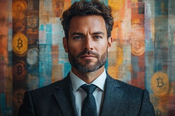 Poster - Modern businessman standing confidently with Bitcoin and dollar symbols creating a vibrant and abstract composition.