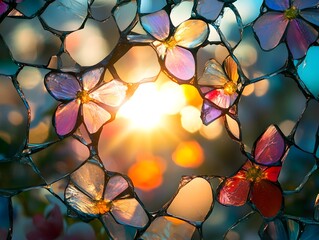 Poster - Delicate Glass Mosaic with Colorful Flowers and Radiant Sunset Light Creating a Dreamy and Vibrant Atmosphere for Nature and Art Enthusiasts