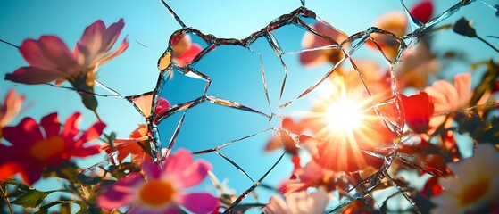 Poster - Shattered Glass Heart Frame Surrounded by Colorful Flowers and Bright Sunlight Creating a Unique Natural and Artistic Scene