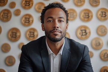 Poster - Modern cryptocurrency campaign featuring a professional man with floating Bitcoin icons.