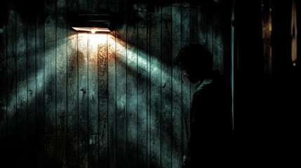 Wall Mural - A person is standing in front of a wall with a light shining on them