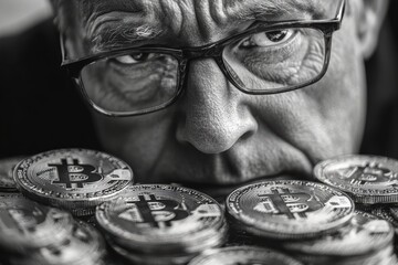 Poster - Modern financial campaign featuring Bitcoin tokens and a thoughtful businessman in focus.
