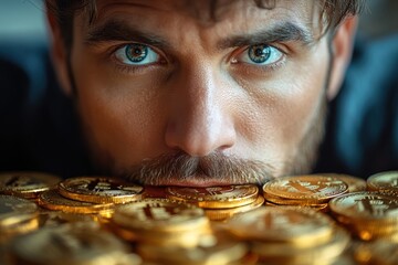 Poster - Modern financial campaign featuring Bitcoin tokens and a thoughtful businessman in focus.