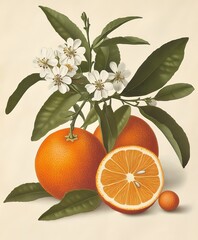 Vintage style botanical illustration: orange or citrus sinensis plant with fruits and flowers, victorian still life on creamy paper background