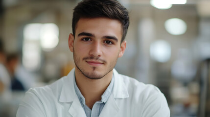 Poster - Confident young male scientist wearing lab coat posing in a modern laboratory