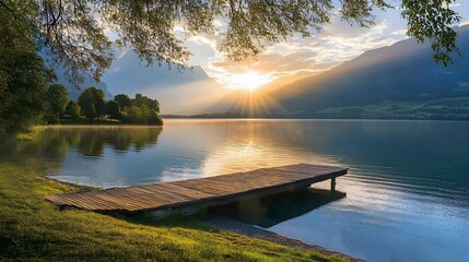 Poster - Serene Sunset Over Tranquil Lake with Wooden Dock and Majestic Mountains in Background, Capturing the Beauty of Nature and Peaceful Reflection
