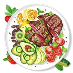 Poster - A serene image of a paleo lunch. featuring grilled meat, vegetables, and fruits. emphasizing primal and nutritious eating. Ideal for paleo guides