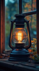 Poster - A vintage lantern glowing warmly by a window, surrounded by autumn leaves.