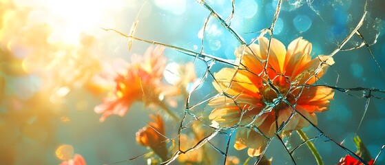 Poster - Vibrant Blossoms Behind a Shattered Glass Revealing a Dreamy Background of Light and Color in Nature's Splendor