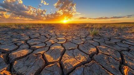 the fractured, arid earth beneath a striking sunny sky, highlighting the consequences of climate cha