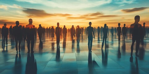 Poster - Silhouetted Figures on Reflective Surface at Sunset