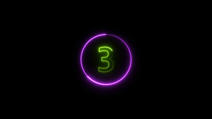 Leinwandbilder - three seconds countdown neon glowing lime green  color 4k illustration on black background. loading magenta color 4k illustration.
