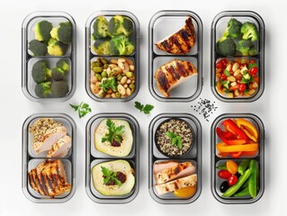 Poster - A set of meal prep containers with balanced meals. featuring grilled chicken, quinoa, and roasted vegetables. showcasing organized and healthy eating for busy lifestyles