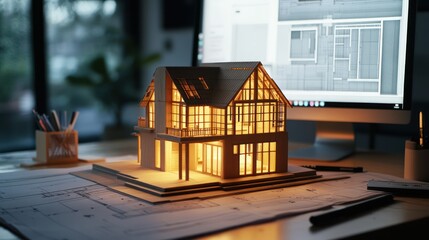 Poster - Architectural model illuminated on a design workspace
