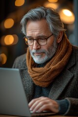 Poster - An experienced, busy businessman jots down notes as he watches an online webinar from his desk. A middle-aged professional businessman works on his laptop, gazing at the computer technology in his