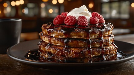 Wall Mural - Delicious pancakes topped with raspberries, whipped cream, and chocolate sauce.