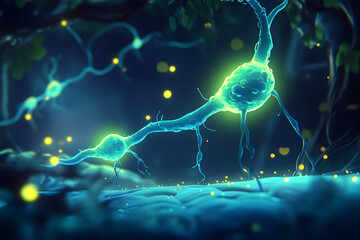 Poster - A vibrant depiction of neurons connected in a glowing, mystical environment.
