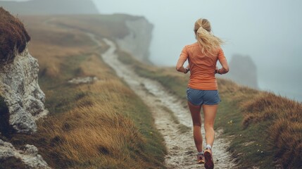 Poster - A person jogs on a narrow path beside dramatic cliffs, shrouded in fog. The early morning light illuminates the landscape as the runner focuses on the route ahead.