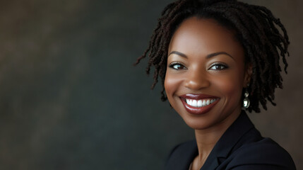 Poster - Smiling businesswoman with dreadlocks exudes confidence in corporate headshot against dark backdrop