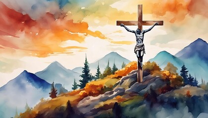 Good Friday Crossen On Mount Calvary A Watercolour Masterpiece Reflecting the Deep Spiritual Significance of Sacrifice and Redemption Through Artistic Expression