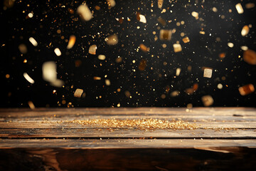 Wall Mural - Wooden surface table foreground with flying golden confetti explosion, Happy New Year festive celebration empty background with copy space against dark backdrop.