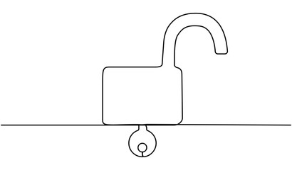 Poster - Unlocked padlock with key continuous line drawing. Open security symbol. Vector illustration isolated on white.