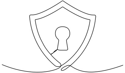 Poster - Guard badge with keyhole inside continuous line drawing. Protect and security concept. Vector hand drawn illustration isolated on white.