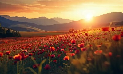 Wall Mural - sunset floral meadown with red poppies and mountain hills on the horizon with setting sun and slight