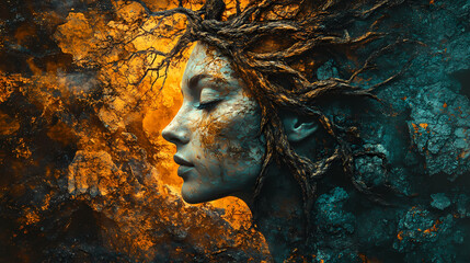 Wall Mural - Dark fantasy portrait of woman with tree growing out of head - mystical, surreal, nature, woman, tree, roots, stone, orange, blue, green, abstract, spiritual, dark, etherea. Etherea. Illustration
