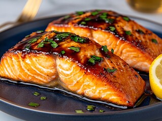 Wall Mural - two pieces of salmon on a plate with lemon wedges and parsley