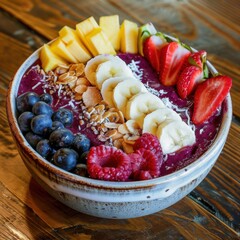 Poster - A vibrant acai bowl. in a cozy café. highlighting a popular, nutrient-dense breakfast option. Ideal for health food promotions and café menus