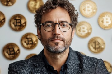 Poster - Professional man surrounded by digital currency symbols, creating a bold and dynamic visual narrative.