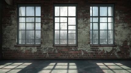 Poster - vintage industrial windows with a weathered brick wall in an empty room casting shadows on the floor