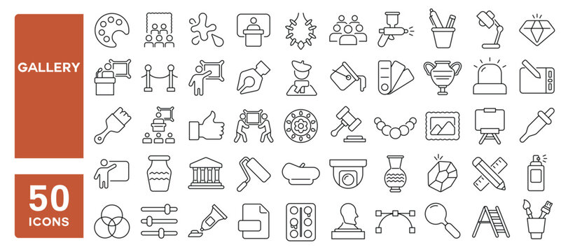 Set of 50 line icons related to gallery, painting, photo, auction, valuable, art, image, handmade, museum, exhibition, Editable stroke. Vector illustration