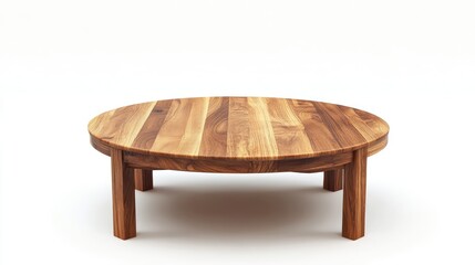 Poster - Round wooden coffee table with natural finish on a white background showcasing minimalist design and craftsmanship from a front view perspective
