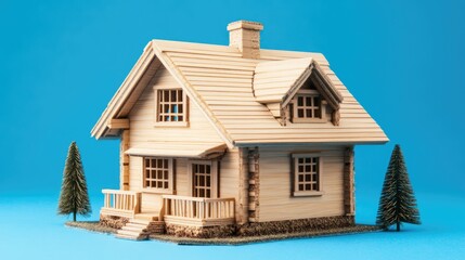 Poster - wooden house model on vibrant blue background representing home design and architecture concept for 