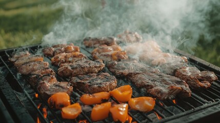 Poster - Grilled meats and colorful vegetables sizzling on a barbecue grill surrounded by green grass and smoke in a vibrant outdoor setting