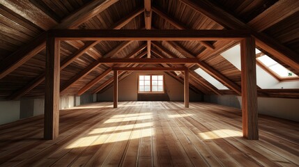 Poster - Spacious attic with wooden beams showcasing roof insulation and natural light in a residential construction setting