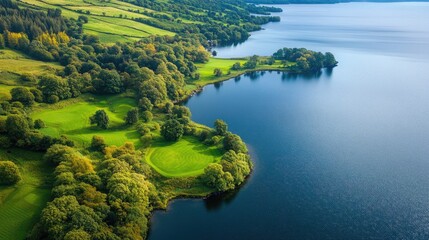 Aufkleber - Aerial view of a serene loch surrounded by lush greenery and calm waters reflecting a tranquil landscape