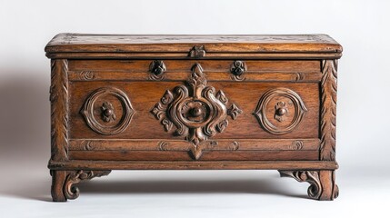 Poster - Antique wooden chest with ornate carvings displayed against a clean white background showcasing vintage craftsmanship and elegance