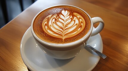 Poster - Artisan coffee with intricate latte art in a white cup on a wooden table showcasing rich colors and inviting texture.