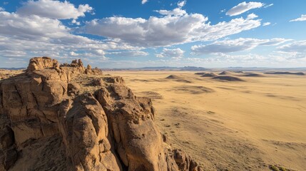 Poster - Aerial view of expansive dunes and rugged terrain under a dramatic sky showcasing nature's beauty and vastness in a desert landscape