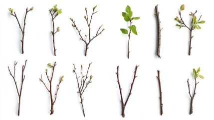 Aufkleber - Diverse collection of tree branches with leaves arranged against a clean white background for nature themed designs and presentations