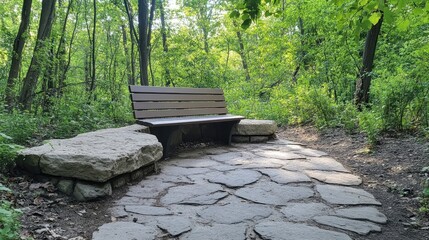 Poster - Tranquil forest bench along stone path surrounded by lush green foliage inviting relaxation in summer nature landscape