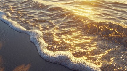 Poster - Golden sunlight reflections on calm Baltic Sea waves at sunset with sand dunes in the background creating an abstract natural texture.